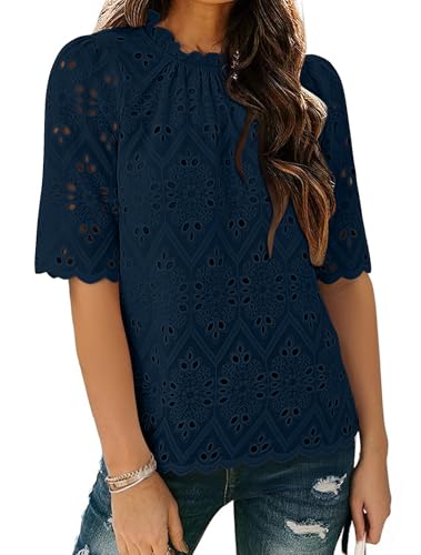 BETTE BOUTIK Womens Lace Tops 2025 Trendy Long Short Sleeve Eyelet Embroidered Dressy Casual Blouse Shirts