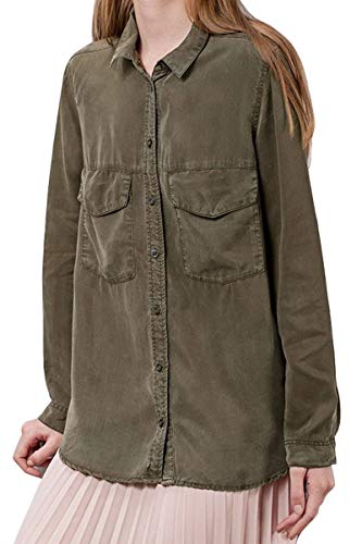 Women's Spain Fashion Casual Army Green Double Chest Pocket Loose Fit Denim Shirt Long Sleeve Spread Collar Soft Slim Fit Solid Color Top Shirts, ArmyGreen, Medium