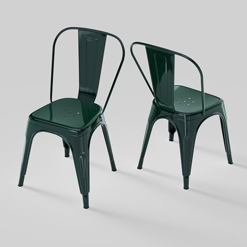 Image of Metal Dining Chairs with Backrest, Stackable, Dark Green, 2 Pack | Easy Assembly, Non-Slip Feet, 330 lb Capacity, Kitchen, Restaurant, Cafe, Pub, Covered Patio