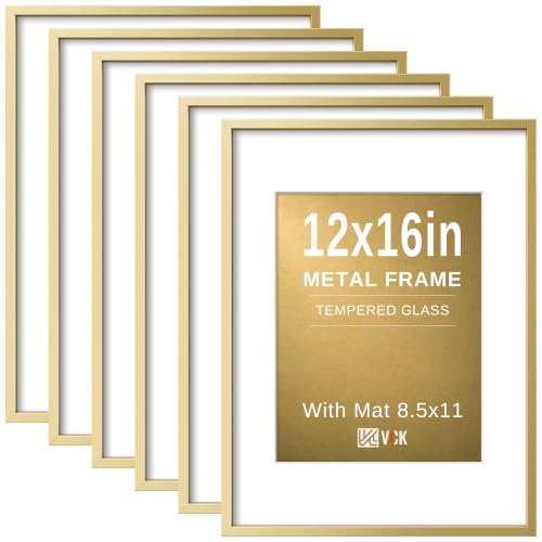 Image of VCK 12x16 Frame Gold Metal, Real Glass, 8.5x11 Mat, Set of 6, for Picture