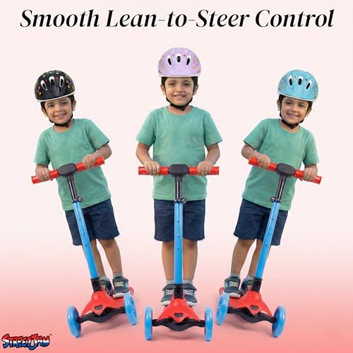 Image of STREETJAM Komiks Kids Kick Scooter for 3-12 Years, Tilt & Turn Safety Lock (1st Time in India), BIS Approved, Lean-to-Steer, Wide Deck, Adjustable Height, Up to 35 kg Load (Red with Blue)