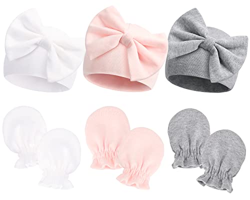 Newborn Beanie Hat Gloves Set, Baby Girl Beanie Spring Summer Autumn Winter Hats For 0-6 Months Infant Cotton (0-6 Months, Pink White Gray (9Pcs #TOP15