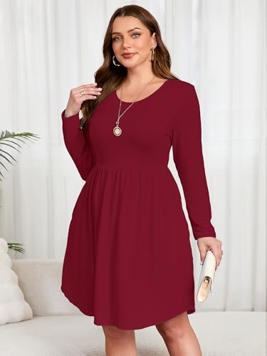 Image of AusLook Women's Plus Size Long Sleeve Midi Dress Casual Empire Waist Loose Flowy Dresses A-Line Boho Long Dress with Pockets