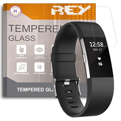 REY Protector de Pantalla para Fitbit Charge 2, Cristal con Doble Protección UV, Vidrio Templado Premium 9H+