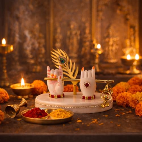 Image of HindCraft Krishna Hand Idol with Flute & Peacock Feather | Marble Finish Spiritual Showpiece for Home Decor, Temple & Gift