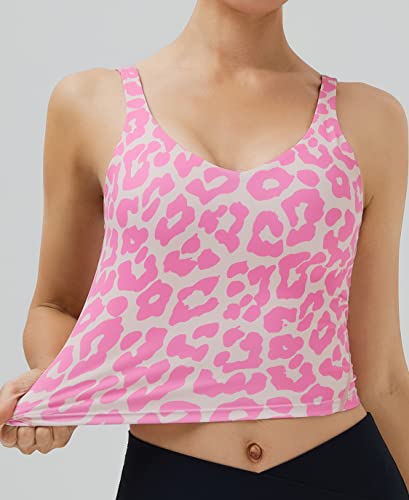 Image of Oalka Sports Bra Womens Longline Padded Crop Yoga Tank Tops | Built in Bras, Workout, Athletic, Fitness, Super Soft, Comfort, Cropped Top, Removable Pads, Heart Neckline For Women