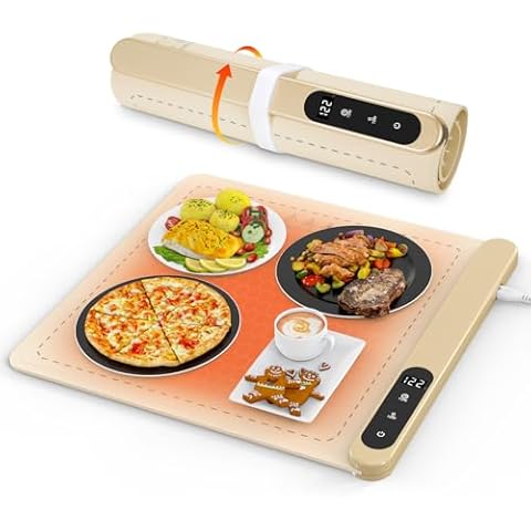 Electric Warming Tray, 6 Temperature Modes & Upgraded Graphene Full Surface Heating, Portable Warming Mat for Food, 6-Hours Auto Shut-Off Food Warming Mat for Buffet, Parties, Beige Cover