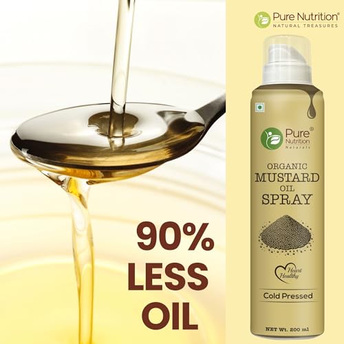 Image of Pure Nutrition Organic Mustard Oil Spray - 200ml | 100% Pure, Natural & Cold-Pressed | Cook Healthy with 10X Less Oil | Ideal for Sauteing & Grilling | Supports Heart Health | Naturally Cholesterol-Free & Rich in Omega-3