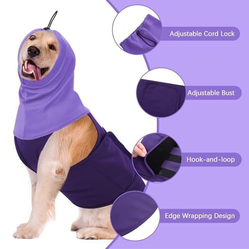 Image of SAWMONG Dog Anxiety Vest, Breathable Calming Shirt Adjustable Chest & Hood for Dogs, Soft Pet Stress Relief Calming Coat Wraps Ears for Noise, Thunderstorms, Fireworks and Separation(Purple, Medium)