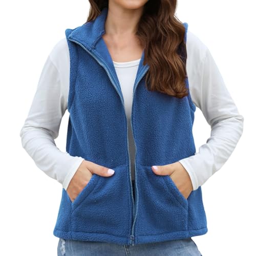Chaqueta de forro polar para mujer, tallas grandes, chaleco de forro polar con solapa y cremallera, para uso diario, azul, S