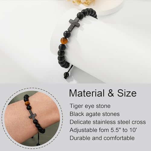 Image of P. BLAKE Cross Bracelet for Boys Men, American Flag Cross Natural Beads Bracelet Christian Religious Birthday Jewelry Gifts for Teen Boys