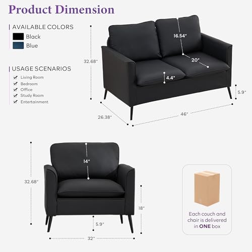 Image of TYBOATLE Faux Leather Loveseat Sofa and Accent Chair Set of 2 (Black, 3) | TYBOATLE, Comfy, Mid-Century Modern, Small Spaces, 3 Pieces Living Room Furniture Sets