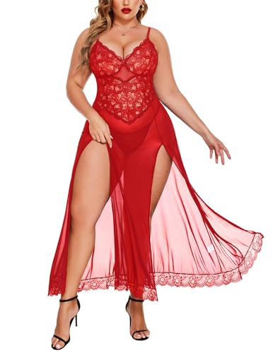 Image of Avidlove Plus Size Lingerie for Curvy Women Long Lace Babydoll Nightdress | V neck sheer mesh nightgown,g-string included,high side slits,adjustable straps,curve-flattering fit,maternity photoshoot