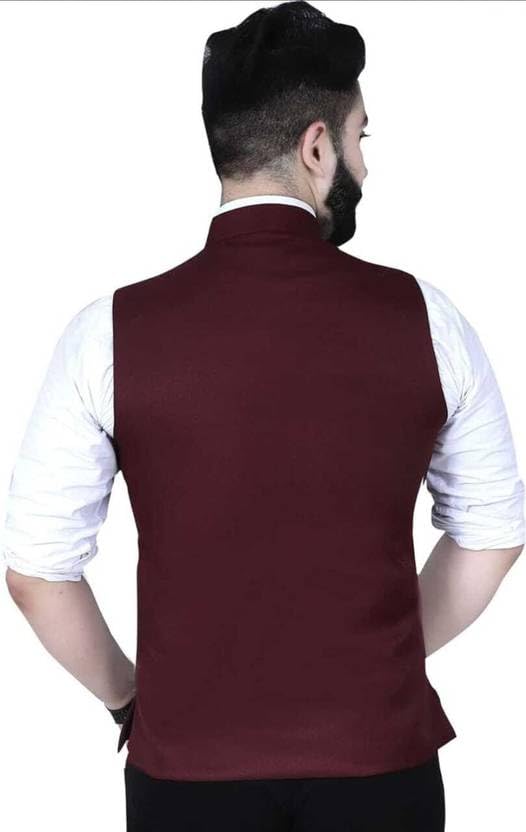 Image of Men's Nehru Style Waistcoat, Black Premium Matty Fabric, Sleeveless Regular Fit, Chain Brooch Detail