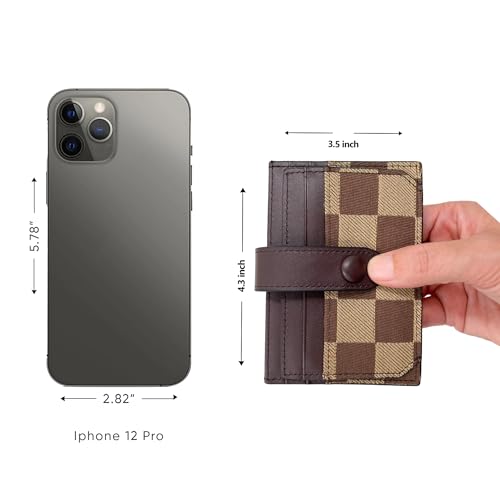 VLYRN Slim Card Holder | Bifold Checkered Wallet, Genuine Leather & Canvas Fabric with ID Window | Small Credit Card Case for Women (8 slots total - 1 card/slot) (Brown)3