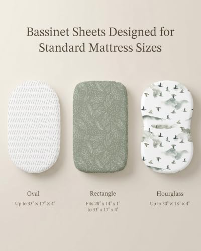Image of Bassinet Sheets for Baby Girls Boys 3 Pack, Fitted Baby Mattress Sheet for Rectangle, Oval, Hourglass Bassinet Mattress, Breathable Cozy & Universal Fit (Sage Trail, Bassinet Sheet)