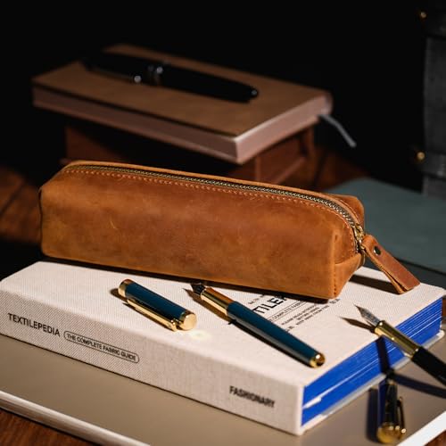 Image of ECHSRT Small Genuine Leather Pencil Pouch for Adults, Brown | Crazy Horse Leather Finish, Compact Writing Instrument Storage