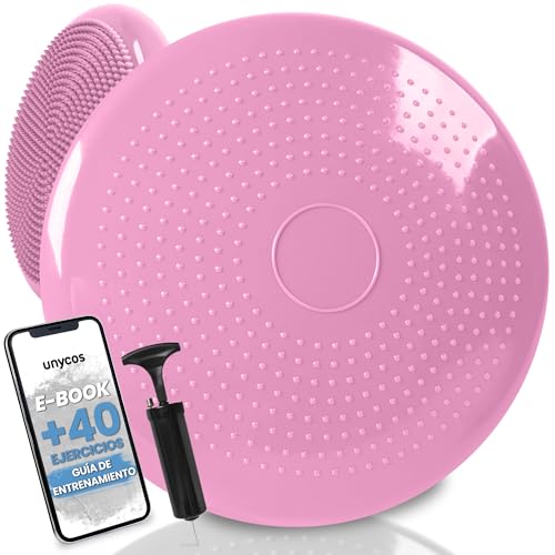 unycos - Cojín de Equilibrio【34 cm】con Bombín, Disco Propioceptivo, Antideslizante y Terapéutico que Resiste 150 kg, Soporte Lumbar para Yoga, Pilates, Fitness y Rehabilitación (Rosa Claro; Basic)