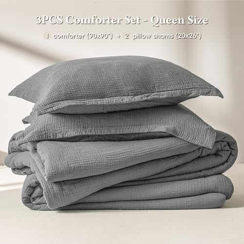 Image of David's Home Cotton Muslin Comforter Set Queen Size, 100% Cotton Cover Ultra-Soft Breathable Lightweight Skin-Friendly for Spring Summer, 3PCS Linen Like Gauze Bedding Set with Polyester Filling, Grey
