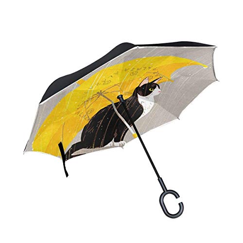 Preisvergleich Produktbild Große umgekehrten Regenschirm windfest Double Layer, umgekehrt faltbarer Regenschirm für Auto Regen, Außenbereich, c-shaped Regenschirm, Schwarz, Katze im Regen Regenschirm für Damen und Herren