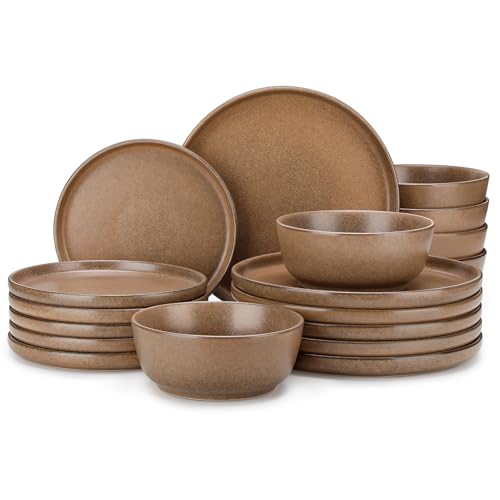 Image of vancasso Plates and Bowls Sets, 18 Pieces Stoneware Dinnerware Set for 6, Ceramic Dish Set for Kitchen, Microwave and Dishwasher Safe, Muted Brown, Series ZERMATT