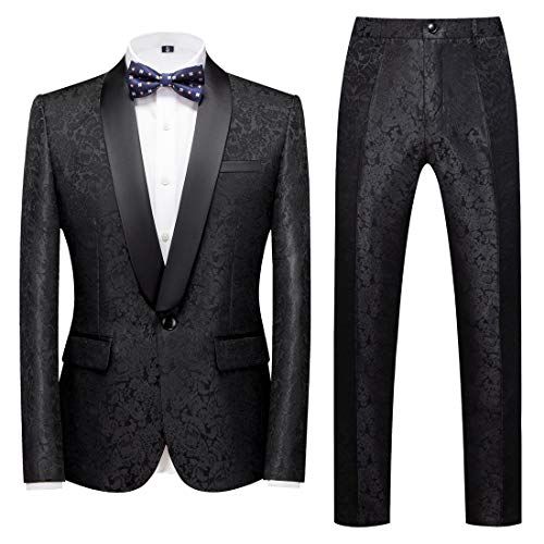 MOGU Mens 2 Piece Suit Slim Fit Shawl Lapel Tuxedo for Daily Business Wedding Party (Suit Jacket + Pants) US Size 40 Black