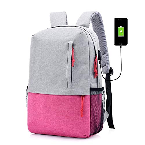 RUANRUAN Mochila Casual De Color Contraste Recargable USB Gran Capacidad Rosa Roja 28