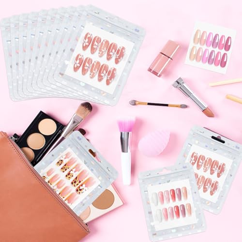 Image of 50 PCS Nails Packaging Bags with Nail Stand for Fake Nail, Holographic Press On Nail Storage Container Nail Art Kit for Diy Design,Nail Cardboards with 2 Double-sided Tape Salon Home White