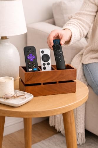 Image of Craft Expertise Wooden Remote Control Holder Stand for Living Room & Bedroom | 3 Compartment Remote Organizer for TV, Sofa & Side Table | Brown Wooden