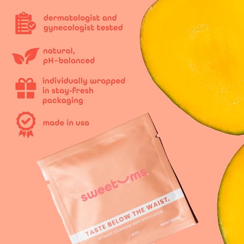 Image of Sweetums Feminine Wipes For Women, Individually Wrapped - pH Balanced Flavored Intimate Wipes - Mango, Pack of 10