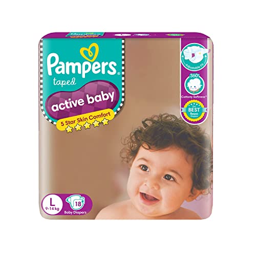 Pampers Active Baby Tape Style Baby Diapers, Large (L), 18 Count, Adjustable Fit with 5 star skin protection, 9-14 Kg Diapers