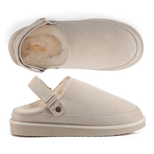 Polar Women's Suede Comfort Faux Fur Slippers – Breathable Slip-On with Adjustable Strap & Lightweight Durable Sole – Casual Everyday Footwear for Home, Travel & Walking – Beige 7