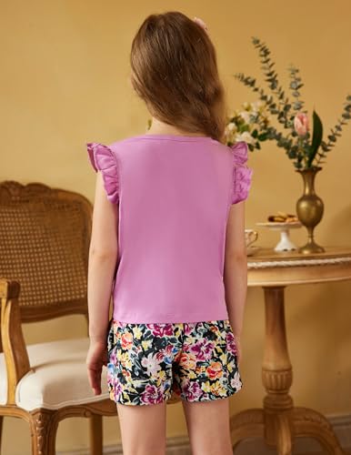 Image of Arshiner Girls Shorts Sets 2 Pieces Outfits Twist Front Ruffle Sleeve T-Shirts and Shorts With Pockets Cute Clothes Sets