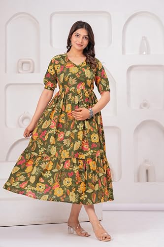 Image of The Moon Star Women's Cotton Floral Printed Anarkali Maternity Feeding Kurti | Breastfeeding Dress for Mothers | Zipper Feeding Kurti,Nursing Kurti, Comfortable and Trendy Maternity Wear