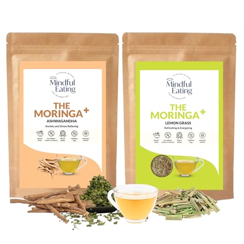Image of Mindful Eating Pure Moringa Leaves Tea Combo Pack 2 - Ashwagandha 70g & Lemongrass 70 g - Dried Drumstick Tree Leaves, Immunity Booster, Caffeine-free, Herbal Drink