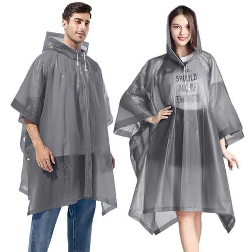 Gerhannery Reutilizable Chubasqueros Impermeable, 2 Piezas Poncho de Lluvia Portátil Poncho Impermeable, Capa de Lluvia para Hombre Mujer con Capucha, Impermeable Poncho para Festival Concierto, Gris