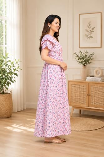 Image of Women's Pure Cotton Maxi Nighty, Floral Print, Short Sleeve Night Gown Adjustable Back BeltSoft Breathable Full-Length Sleepwear & Lounge Wear