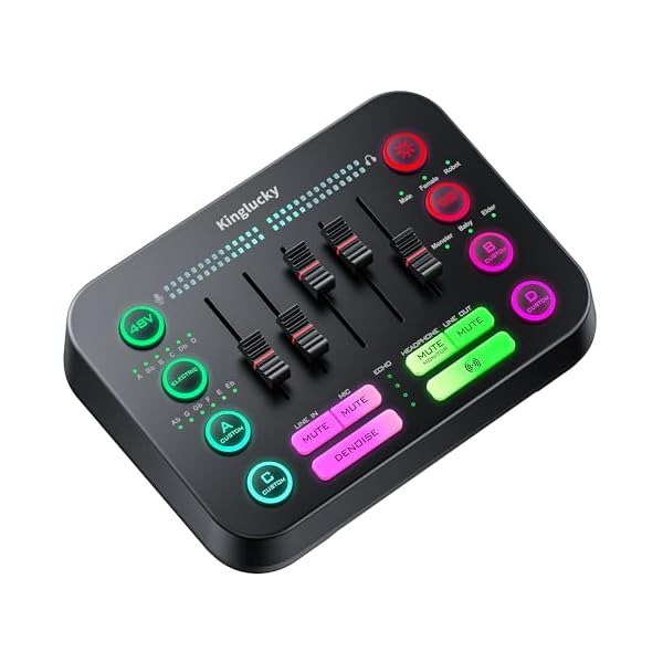 Gaming Audio Mixer Interface PC Sound Board with Denoise, Bluetooth,RGB, Mute Button, 48V Phantom Power XLR Microphone Interface for Live Streaming, Podcast, Recording, Vocal, Game Voice