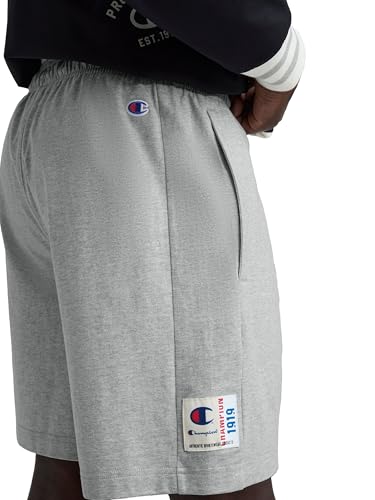Image of Champion Men's Graphic Lounge Shorts, Standard Fit, 7 Inch Inseam, Script Logo, Lightweight 100% Cotton Jersey