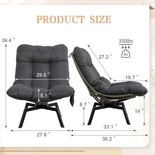 Oversized Swivel Wicker Chair - PE Rattan Outdoor Lounge Chair with Cushion for Patio, Balcony, Backyard, Garden, Living Room - Stylish Black Design