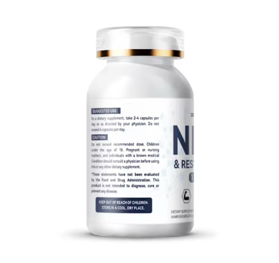 NAD+ Trans-Resvératrol 1100 mg Capsules Booster d'énergie, anti-âge et antioxydant, absorption maximale, végétalien, sans gluten, soutien pour la santé cellulaire et la longévité, 60 capsules,