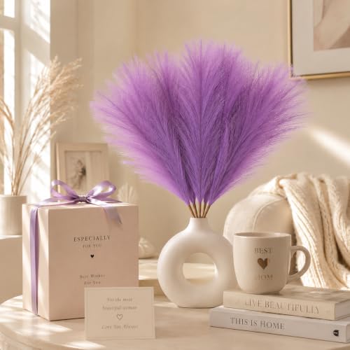 Image of Artificial Pampas Grass Set of 3 for Home Decor,Fluffy Dried Flower Stems for Vase Decoration, Boho Table Centerpiece, Artificial Flowers for Living Room Bedroom Office Decor (Purple)