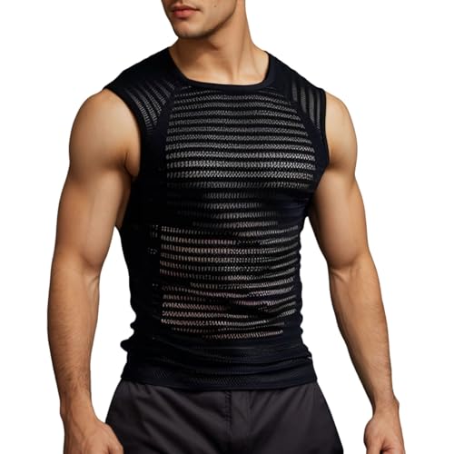 Caxndycing Tank Top Herren Durchsichtig Unterhemd Netzstruktur Muskelshirts Sexy Transparent T Shirt Streetstyle Netzhemd Mesh Reizwäsche Slim Shirts...