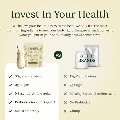Image of Field's Great All-in-One Plant-Based Vanilla Protein Shake Powder - Healthy Aging, 30g Protein, 5g Fiber + Probiotics, Gut-Friendly, Blood Sugar & Muscle Support, Vegan Meal Replacement, GLP1, 23oz