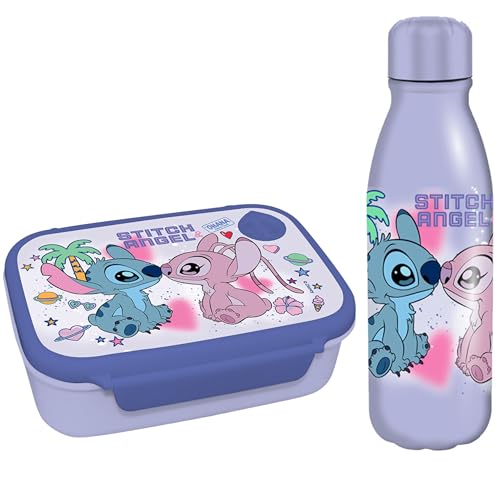Diakakis Disney Stitch & Angel Set de fiambrera y botella de agua de aluminio para niños – Set de almuerzo escolar sin BPA para niños y niñas, caja de sándwich de 800ml y botella de bebidas de 500ml