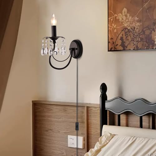 Image of Black Wall Sconces,Vintage Crystal Wall Sconce Wall Light Fixtures,Farmhouse Candle Wall Sconce Indoor Bedside Mid Century for Bathroom Bedroom Living Room Hallway Entryway Stairs