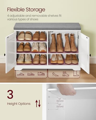 Image of VASAGLE Shoe Storage Bench with Cushion, 3-Tier Entryway Bench with Padded Seat, Doors, Adjustable Shelves, 14 x 31.9 x 20.7 Inches, for Hallway, Bedroom, Cloud White and Dove Gray ULSB034W01