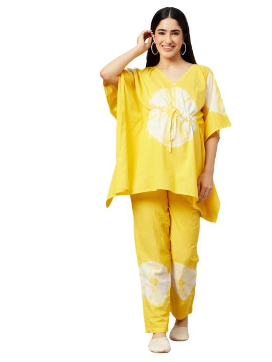 aaheli Women’s Yellow Tie-Dye Maternity Kaftan Feeding Night Suit Set | 100% Cotton | V-Neck Top with Front Zip for Nursing | Adjustable Waist-picture-12