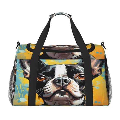 Travel Duffel Bag For Men Women, Boston Terrier Dog Art Painting Carry On Sport Gym Bag With Shoulder Strap Lightweight Waterproof Weekender Bag Overnight Bag