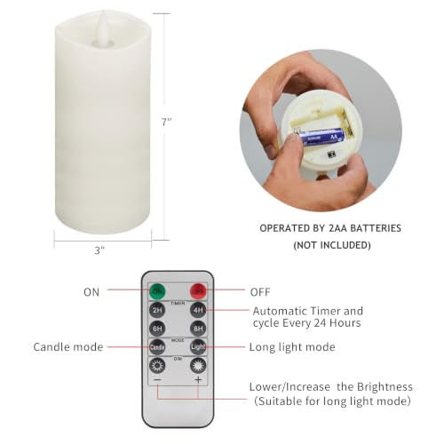 Image of Flameless LED Candles 3 inchx7 inch Set of 2, Battery Operated with Remote & Timer, 600-Hour on 2 AA Batteries, Flickering Realistic Flame, White for Indoor /Outdoor